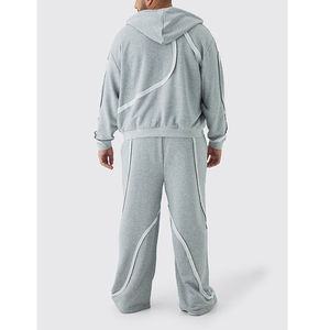 Cotton French Terry Gray Wide Leg Plus Oversized Boxy <b>Zip</b> Panel Embroidery <b>Jogger</b> Man Tracksuit - Product Image 5