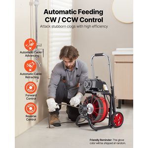 Sonda per la pulizia delle fognature con alimentazione automatica su ruote, 8 frese, 100 piedi, 1/2 pollice, macchina per la pulizia degli scarichi con attivazione ad aria e interruttore a pedale - Product Image 2