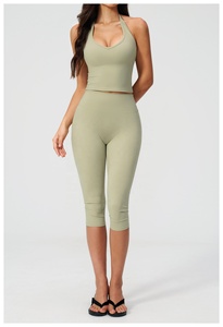 Seamless Olive Green 2 Piece Yoga Set Crew Neck <b>Crop</b> <b>Top</b> High Waist Knee Length Leggings Solid Color Stretch Fit - Product Image 4