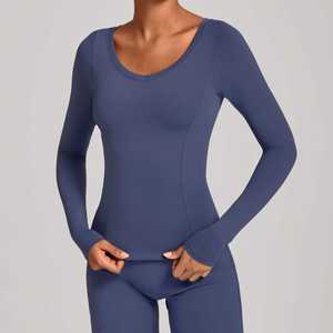 T-shirt de sport respirant à séchage rapide en Spandex/Nylon, écologique, nouveau, pour la gym et le fitness, col en V, manches longues, hauts de yoga - Product Image 5