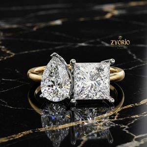14K Gold Pear & Princess Cut Lab Grown Diamond Two Stone Luxury Engagement <b>Ring</b> for Women <b>Fine</b> Jewelry - Product Image 2