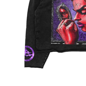Sweat à capuche court noir pour homme, imprimé graphique diable gothique, délavé à l'acide, streetwear, fermeture éclair, 100% coton, impression numérique, été - Product Image 3