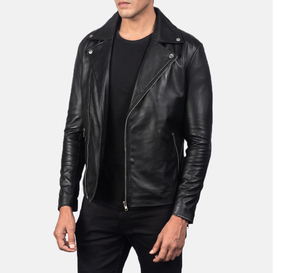 Veste moto en cuir véritable noir pour homme, col rabattu, fermeture éclair, coupe ajustée, longueur normale, pour l'automne - Product Image 2