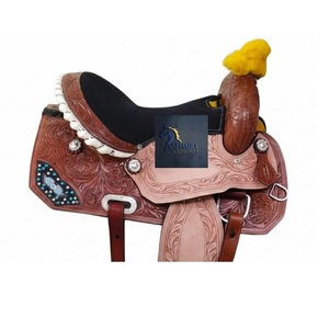 Western Brown <b>Leather</b> Floral Hand <b>Tooled</b> Designed Multi Crystals Barrel Racing Horse Saddle Black Suede Seat 10" to 18 Inch - Product Image 3