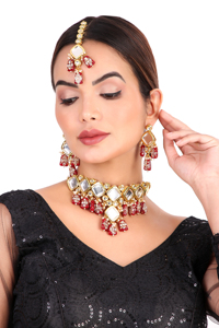 Indian Classic Choker Set Traditional Zircon Gold Plated Crystal Kundan Faux Pearl Wedding Party Necklace Earrings Alloy High - Product Image 5