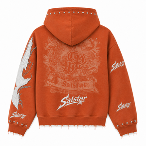 เสื้อแจ็คเก็ตฮู้ดดี้สีส้มสไตล์วินเทจสำหรับผู้ชาย ลุคทำเก่า แต่งกระดุมเพชร ปักลายกราฟิก ซิปด้านหน้า สตรีทแวร์แบบสั่งทำ - Product Image 4