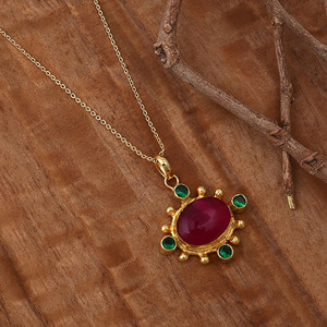 Ruby Jade and Emerald Quartz Pendant Necklace 18k Gold Plated Gemstone Necklace V - Product Image 1
