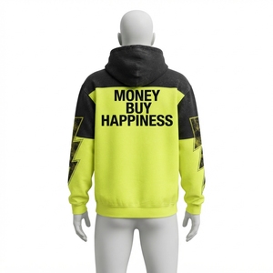 Mens Black Neon <b>Yellow</b> Color Block Acid Wash Pullover <b>Hoodie</b> Lightning Sleeve Graphic Streetwear Custom Wholesale Styles - Product Image 3
