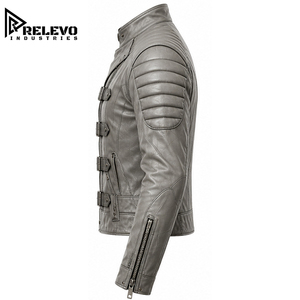 Premium Men's Slim Fit Black & White Leather <b>Biker</b> <b>Jacket</b>, Armor Style Coat with Perforated Front and Stand Collar Customized - Product Image 3