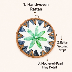 Handmade Rattan Border Mother of Pearl Mosaic <b>Trivet</b> Flower Design Seashell Inlay Drink Coaster Premium Coastal Style - Product Image 6