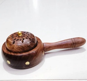 Brûleur d'encens antique en bois avec poignée, encensoir sculpté pour Bakhoor et Oud avec bouton en cristal pour la décoration de la maison et les cadeaux du Ramadan - Product Image 2