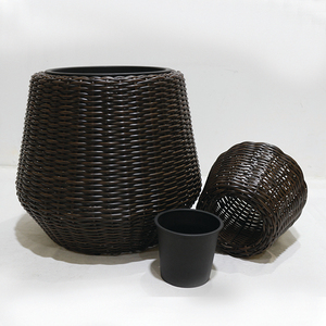 Modern Rattan Flower Pot Set Indoor <b>Planters</b> for Home Decor Minimalist Style Circular Design Black Finish - Product Image 2
