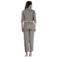 Ensemble 2 pièces pour femme en crêpe à imprimé géométrique, haut court et pantalon long à fermeture éclair, coupe classique, style décontracté printemps-été