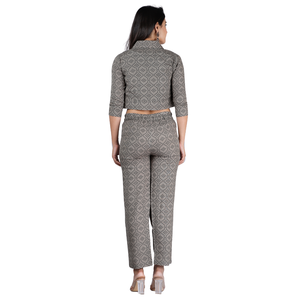 Geometric Print Crepe Crop Upper Women's 2-Piece Set Zipper Regular Fit Full Length <b>Trousers</b> Casual Spring <b>Summer</b> Style - Product Image 4