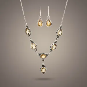 925 Sterling Silver Citrine Jewelry Set Necklace Earrings Teardrop Pendant Golden Gemstones Bezel Setting Women's Everyday Wear - Product Image 4