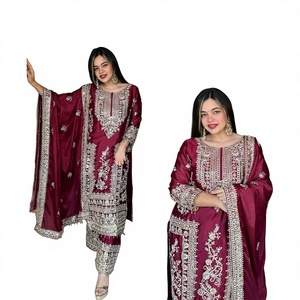 ชุดส่าหรีปากีสถานแฟชั่น Fatema ผ้าไหมชินนอนแท้เนื้อหนัก ดีไซน์ล่าสุด ตกแต่งด้วยงานปักเลื่อม 3 มม. พร้อมผ้าคลุมไหล่ - Product Image 1