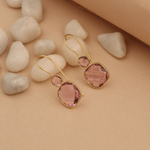 Pink Quartz Faceted Cut 18K Gold Plated Drop Earrings Geometric <b>Statement</b> Jewelry For Women - Product Image 2