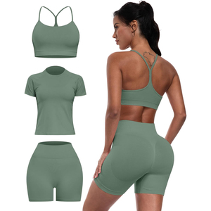 <b>Blue</b> 3 Piece Yoga Set Racerback Sports <b>Bra</b> Crop Top High Waist Shorts Seamless Activewear Solid Color Breathable Workout Wear - Product Image 3