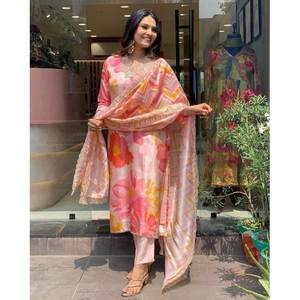 Magnifique ensemble haut et bas en tissu mousseline de soie taille XL avec dupatta pour tenue de soirée - Product Image 2