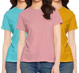 T-shirt en coton 100% uni tricoté pour femme, coupe classique, léger, séchage rapide, respirant, avec logo décoratif, décontracté pour l'été - Product Image 1
