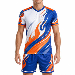Ensemble de maillots de football personnalisés par sublimation pour hommes, bleu, orange, blanc, design flamme, polyester respirant, uniforme de football pour adultes - Product Image 1