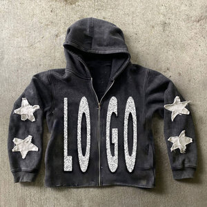 Sudadera con capucha oversize de algodón con cremallera, efecto desgastado, bordado y parches, lavado ácido y efecto descolorido por el sol, estilo streetwear. - Product Image 2