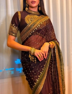 Sari Reversible de Viscosa Bordado y Adornado Estilo Bollywood para Mujer KV (Marrón Verde Oscuro) para Bodas - Product Image 3