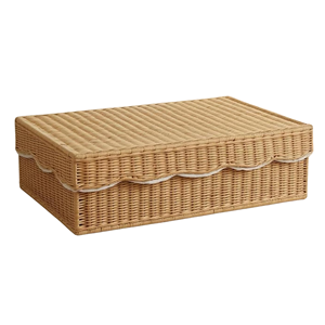 Elegant Handwoven Rattan Underbed <b>Storage</b> Organizer With Scalloped Lid, Natural Wicker <b>Clothes</b> Organizer Box For Home & Hotel - Product Image 1