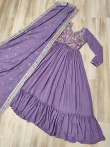 Robe Anarkali longue en soie Vichitra prête à porter avec broderies et paillettes, séchage rapide, pour occasions de mariage - Product Image 6