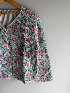 Floral Quilted Cotton Jacket V Neck Three Quarter Sleeve Prairie Chic Open Stitch Design Patch Pockets Spring Wear gift for her - Product Image 4