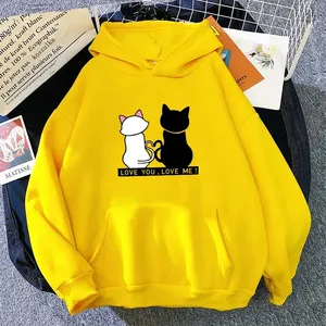เสื้อสเวตเตอร์มีฮู้ดสีเหลืองพิมพ์ลายการ์ตูนแมว Love You Love Me สำหรับทุกเพศ สวมใส่สบายทรงโอเวอร์ไซส์ ผ้าถักนิตติ้งสำหรับฤดูใบไม้ร่วง - Product Image 1