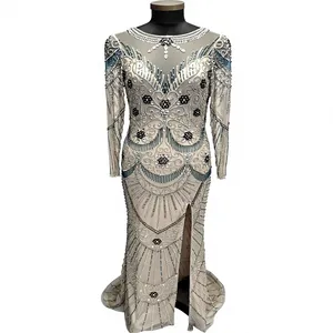 Robe de soirée perlée faite à la main, robe de fête en maille à manches longues, tenue de banquet pour femmes - Product Image 3