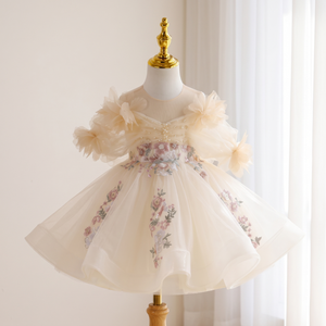 Vestido Romántico de Niña para Dama de Honor, Color Marfil, con Bordado Floral, Tul y Perlas, Vestido de Princesa para Fiesta de Bodas, Vestido Formal Corto y Abullonado TUTUP - Product Image 1