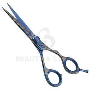 Ciseaux de coiffure professionnels bleu foncé avec motif floral doré orné et bord convexe tranchant - Product Image 2