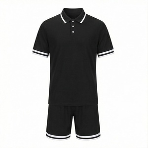 Ensemble de polos à manches courtes noirs pour hommes avec bordure blanche, design uni tissé décontracté, coupe classique - Product Image 1