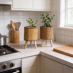 <b>Round</b> Rattan Plant Holders For <b>Small</b> Indoor Plants Stylish <b>Table</b> Decor Pots For Home Kitchen And Cafe Styling From India - Product Image 3