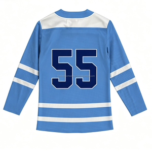 Maillot de hockey sur glace bleu personnalisé pour homme, respirant, écologique, imprimé numériquement, col en V, manches longues, 100 % polyester, maille color block - Product Image 5