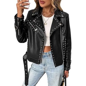 Womens Studded Genuine Leather Jacket Punk Rock Biker Style Custom Logo Slim Fit Motorcycle Jacket Lace Breathable - Product Image 1