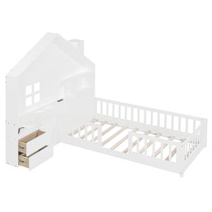 Letto singolo bianco per bambini con finestra, cassetti laterali e mensole, set di prese e porta USB - SKU precedente - Product Image 5