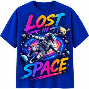 เสื้อยืดผู้ชายสีดำพิมพ์ลายนักบินอวกาศ Lost in Space แขนสั้น คอกลม ทรงปกติ สวมใส่สบาย ผ้าฝ้ายเจอร์ซีย์ 100% ระบายอากาศได้ดี น้ำหนัก 180 กรัม ทรงยาว - Product Image 1