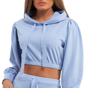 Women Light Blue Hooded <b>Crop</b> <b>Top</b> With Full Sleeve And Matching Shorts Set Casual Solid Color Tracksuit Summer Wear - Product Image 3