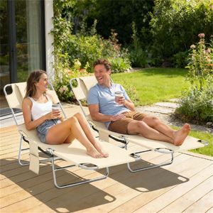 Juego de Dos Sillones de Exterior Color Beige, Silla para Tomar el Sol con Diseño de Chaise Longue - Product Image 1