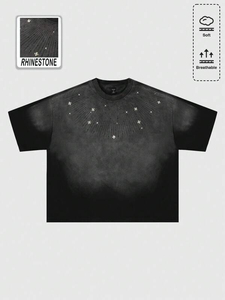 Custom Oversized Men's Black T-Shirt With Glitter <b>Star</b> Print Short Sleeve Knitted Casual Style 100% Cotton O-Neck Breathable - Product Image 2