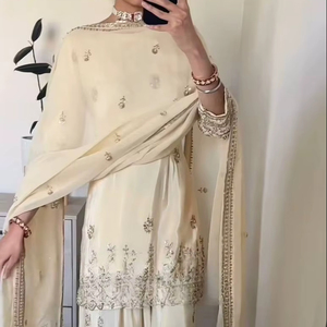 Women's Designer Diwali <b>Wedding</b> Party Wear <b>Top</b> Sharara Plazzo Dupatta Natural Crep Material 5mm Embroidery Quick Dry - Product Image 1
