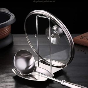 Soporte para tapas de ollas de acero inoxidable con reposacucharas de madera, organizador de cocina moderno - Product Image 6