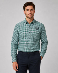 Camisa de vestir a cuadros verde gingham premium personalizada para hombre, de manga larga, informal, con botones, de algodón, para hombre, fabricante de ropa. - Product Image 1