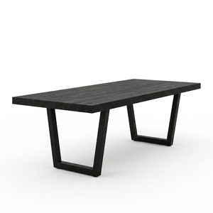 Table à manger rectangulaire en teck massif, finition noire mate, pieds en métal en U, style industriel moderne, mobilier de salle à manger, plateau en bois. - Product Image 1