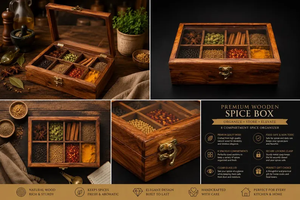 Wooden Spice <b>Box</b> with Glass Lid – 8 Compartment <b>Masala</b> Organizer - Product Image 6