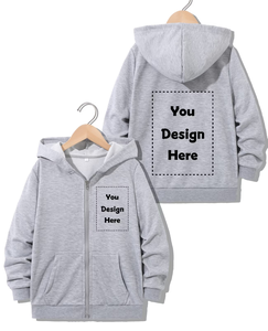 Customizable Kids Hooded Zip-Up Sweatshirt Gray Cotton Casual Winter Reversible Windproof Front Back Design Comfort Fit Boy's - Product Image 1
