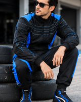 Combinaison de course pour homme, noire et bleue, manches longues, polyester respirant, imperméable, séchage rapide, couleurs contrastées, pour la moto et les courses automobiles